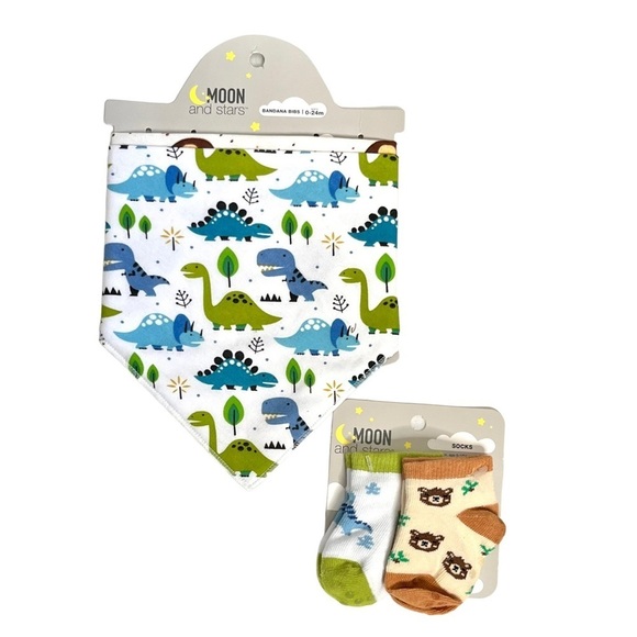 Moon and Stars Bandana Bibs & Socks Set New Dinosaurs & Bears - Picture 1 of 3